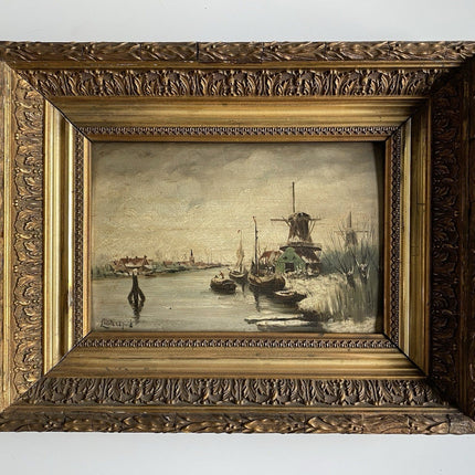 Dutch Winter Landscape Oil Painting with Windmill After Louis Apol Ornate Frame - HollandArtShop