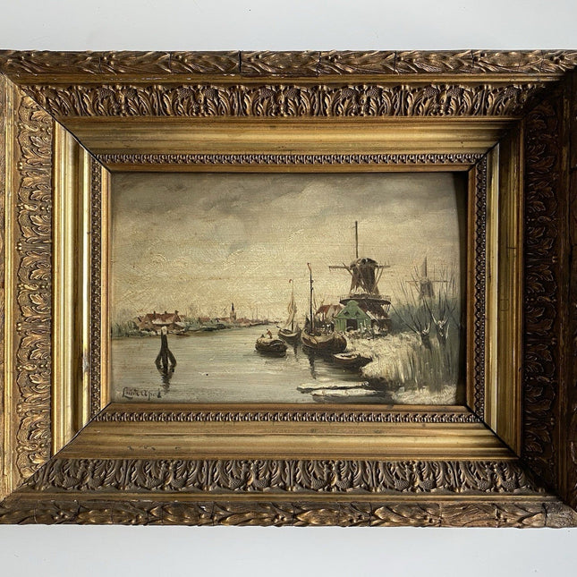 Dutch Winter Landscape Oil Painting with Windmill After Louis Apol Ornate Frame - HollandArtShop