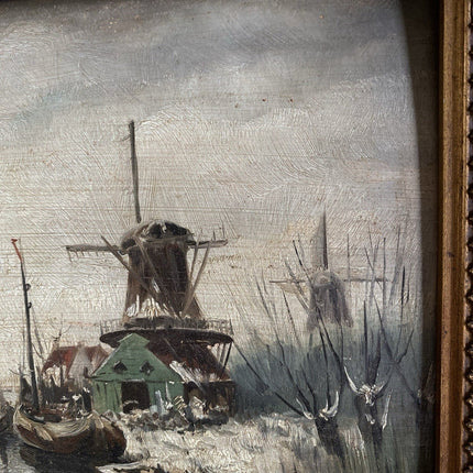 Dutch Winter Landscape Oil Painting with Windmill After Louis Apol Ornate Frame - HollandArtShop