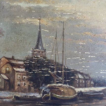 Dutch Winter Town view with Boats and Lake Classic Artwork Cozy Oil Painting - HollandArtShop