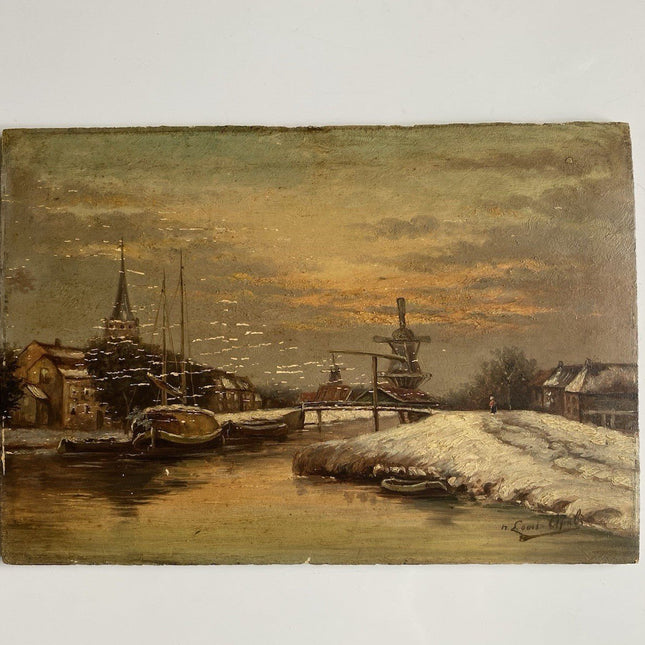 Dutch Winter Town view with Boats and Lake Classic Artwork Cozy Oil Painting - HollandArtShop