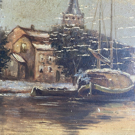 Dutch Winter Town view with Boats and Lake Classic Artwork Cozy Oil Painting - HollandArtShop