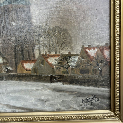 1938 Cityscape Oil Painting "Snow Village" Artwork Holland Art Shop