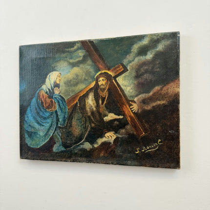 Vintage Religious  Oil Painting "Man CarryingCross" Original Small Art Holland Art Shop