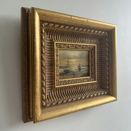 Vintage Seascape Oil Painting "Gilded Frame" Rustic Small Artwork Holland Art Shop