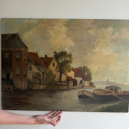 Refined Harbor Scene Oil Painting "River Boat" Timeless Artwork Holland Art Shop