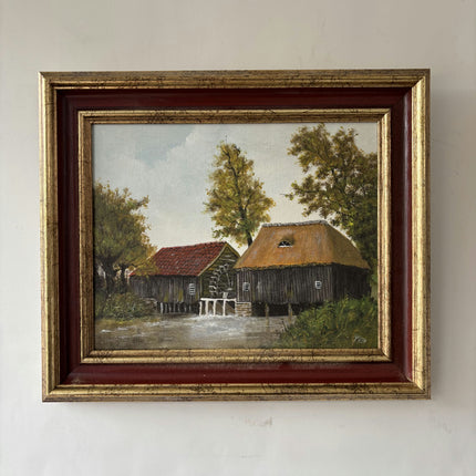 Detailed Harbor Scene Oil Painting "Watermill Building" Authentic E Artwork Holland Art Shop