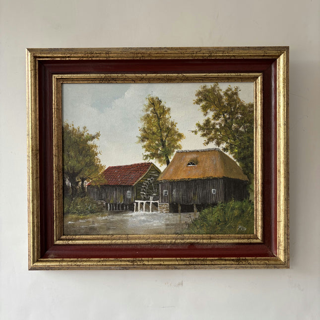 Detailed Harbor Scene Oil Painting "Watermill Building" Authentic E Artwork Holland Art Shop