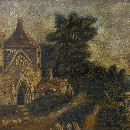 19th Century Antique Landscape Oil Painting "Stone Church" Small Art Holland Art Shop