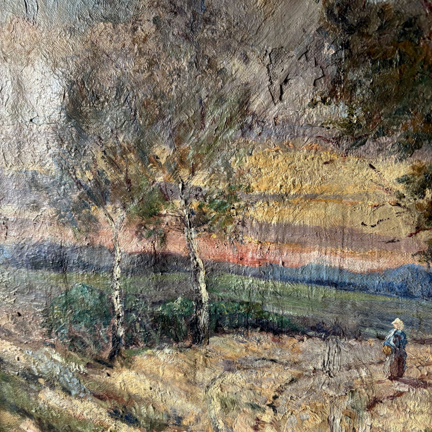 Striking Landscape Oil Painting "Woman With Basket" Classic Medium Art