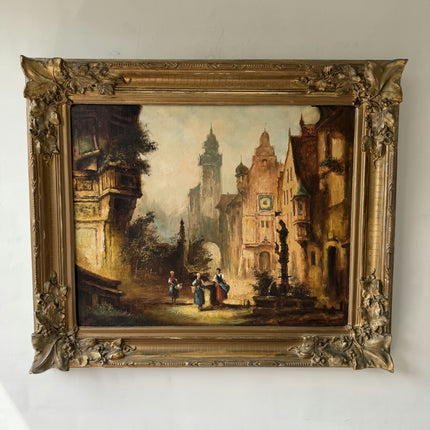 19th Century Antique Cityscape Oil Painting "Town Street" Large Art Holland Art Shop