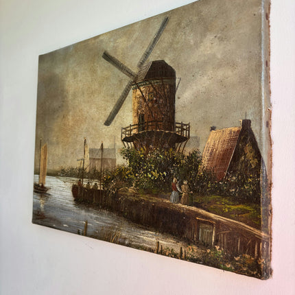 Refined Landscape Oil Painting "Old Windmill" Vintage Small Art Holland Art Shop