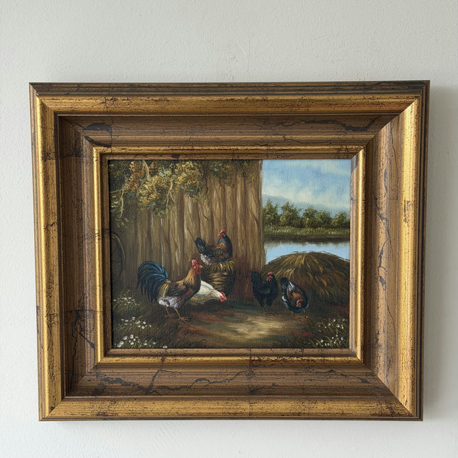 Classic Animals Oil Painting "Barn Chickens" Traditional Small Artwork Holland Art Shop