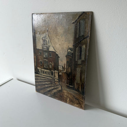 19th Century Antique Cityscape Oil Painting "Snowy House" Small Artwork Holland Art Shop