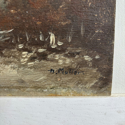 19th Century Antique Winter Landscape Oil Painting "Hay Carts" Small Artwork Holland Art Shop