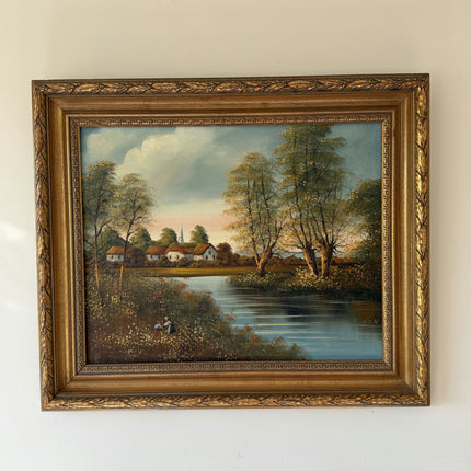 Rustic Cityscape Oil Painting "Thatched Cottages" Vintage Artwork Holland Art Shop