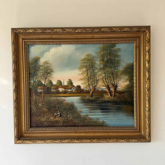 Rustic Cityscape Oil Painting "Thatched Cottages" Vintage Artwork Holland Art Shop