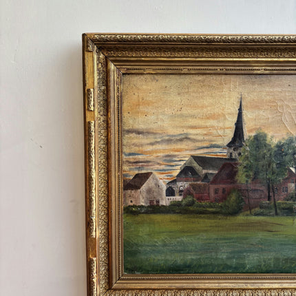 1914 Antique Landscape Oil Painting "Village Church" Art Holland Art Shop