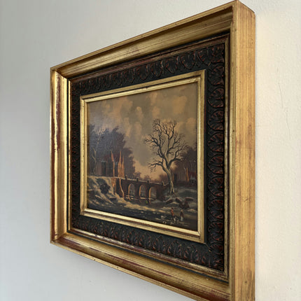 Traditional Oil Painting Scenery "Snowy Bridge" Antique Small Artwork