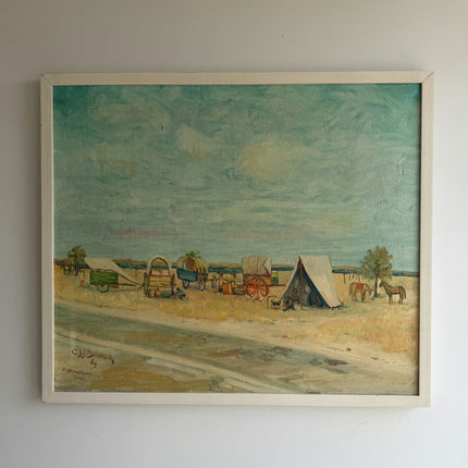 Refined Landscape Oil Painting "Covered Wagons" Authentic Artwork Holland Art Shop