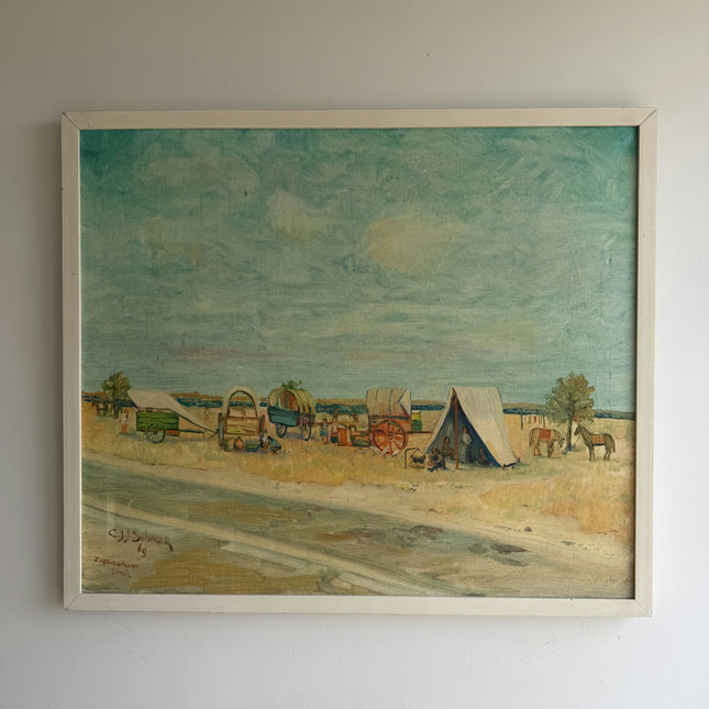 Refined Landscape Oil Painting "Covered Wagons" Authentic Artwork Holland Art Shop