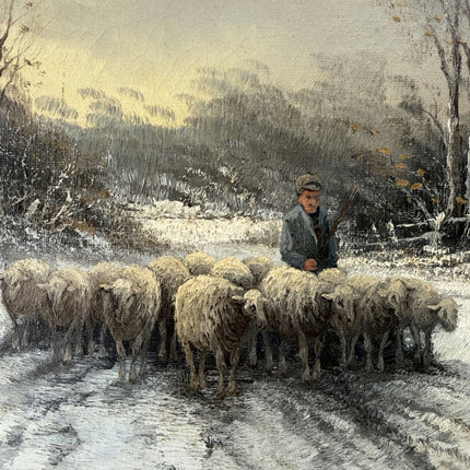 Intriguing Oil Painting Winter Landscape "Shepherd With Sheep" Belgique Art Holland Art Shop