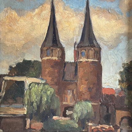Classic Cityscape Oil Painting "Twin Spires" Refined Small Art Holland Art Shop