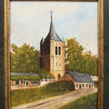 Handcrafted Cityscape Oil Painting "Village Church" Traditional Small Artwork Holland Art Shop