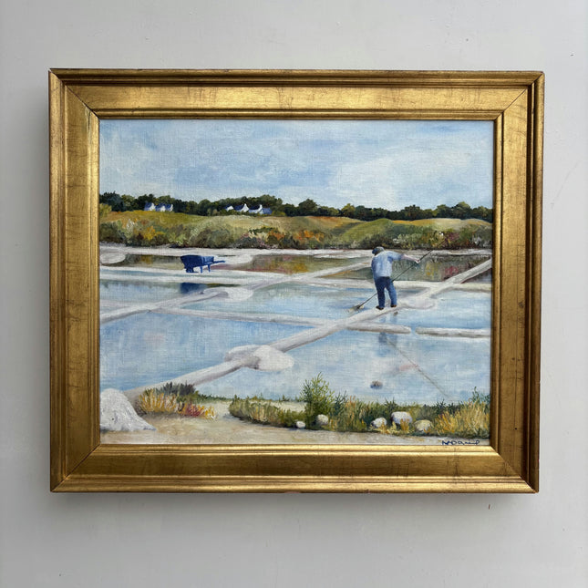 Vintage Harbor Scene Oil Painting "Fisherman Figure" Handcrafted Artwork Holland Art Shop