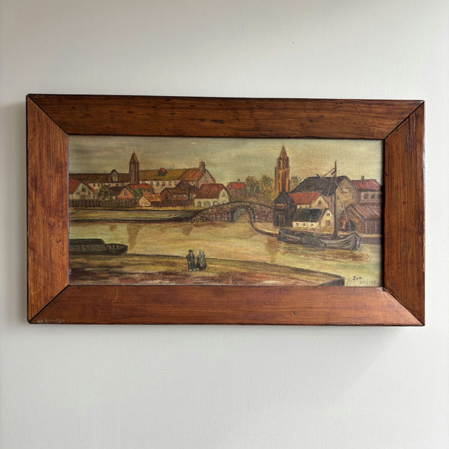 Handcrafted Harbor Scene Oil Painting "River Boat" Expressive Art Holland Art Shop