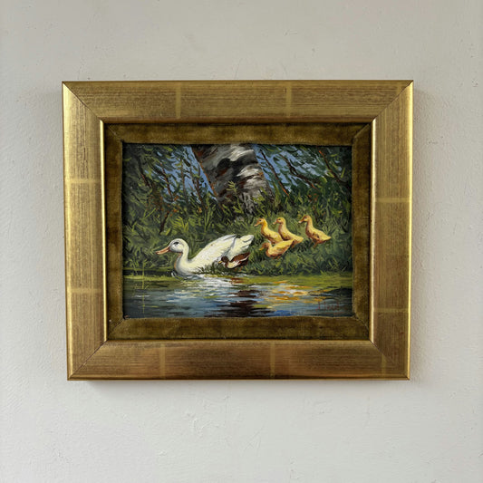 Fine Oil Painting Animals "Duck Family" Antique Small Artwork