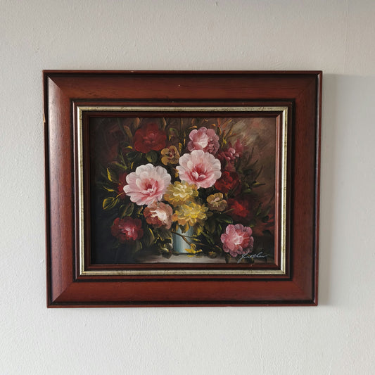 Antique 'Red Flowers' Stunning Mid 20th Century Floral Framed Oil Painting