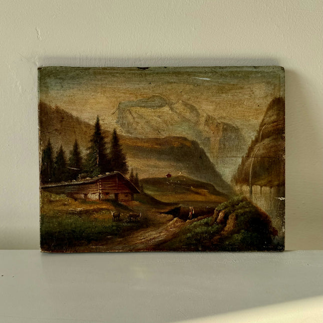 19th Century Oil Painting Landscape "Mountain Cabin" Small Artwork Holland Art Shop