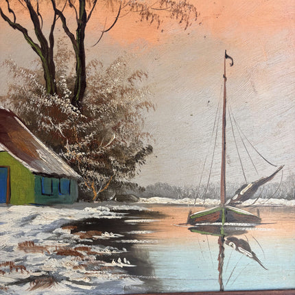 Classic Winter Landscape Oil Painting "Green Boat" Traditional Artwork Holland Art Shop