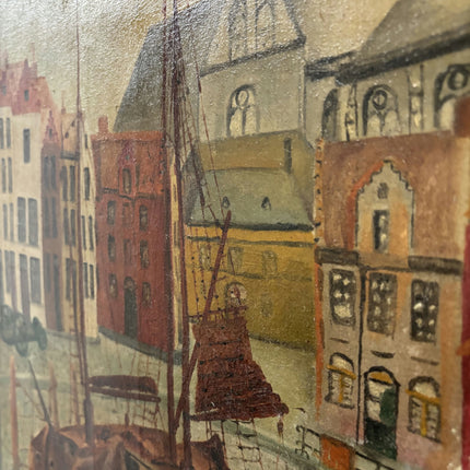 Vintage Cityscape Oil Painting "Harbor Boats" Elegant Large Artwork Holland Art Shop