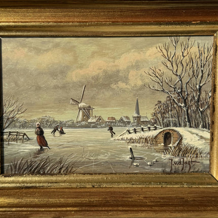 Figurative Oil Painting Winter Landscape "Ice Skater" Striking Small Artwork