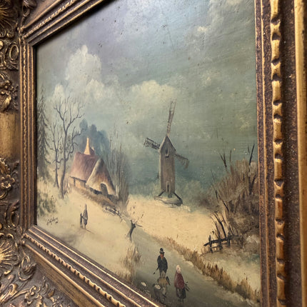 19th Century Antique Winter Landscape Oil Painting "Gilded Frame" Small Art Holland Art Shop