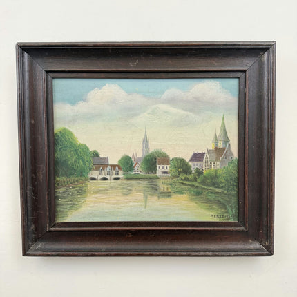 Detailed Cityscape Oil Painting "Riverside Village" Refined Art Holland Art Shop