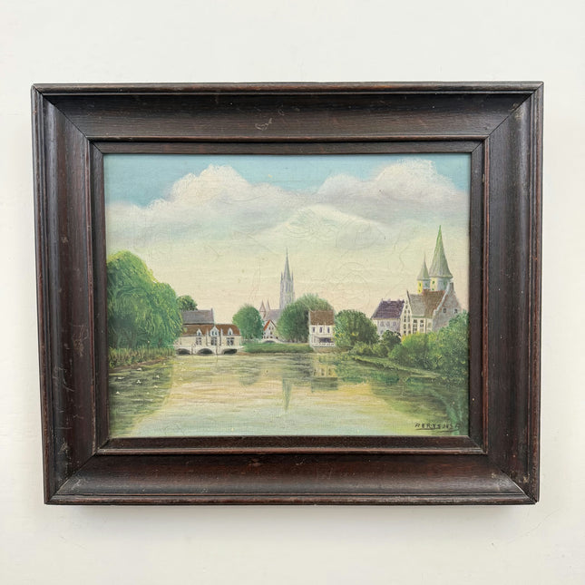 Detailed Cityscape Oil Painting "Riverside Village" Refined Art Holland Art Shop