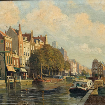 Handcrafted Harbor Scene Oil Painting "Canal Boat" Original Large Art Holland Art Shop