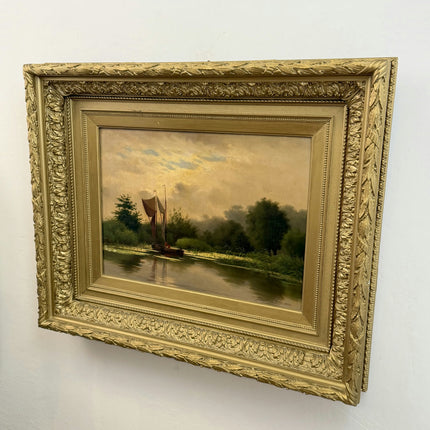 1888 Antique Seascape Oil Painting "Sailing Boat" Large Artwork Holland Art Shop
