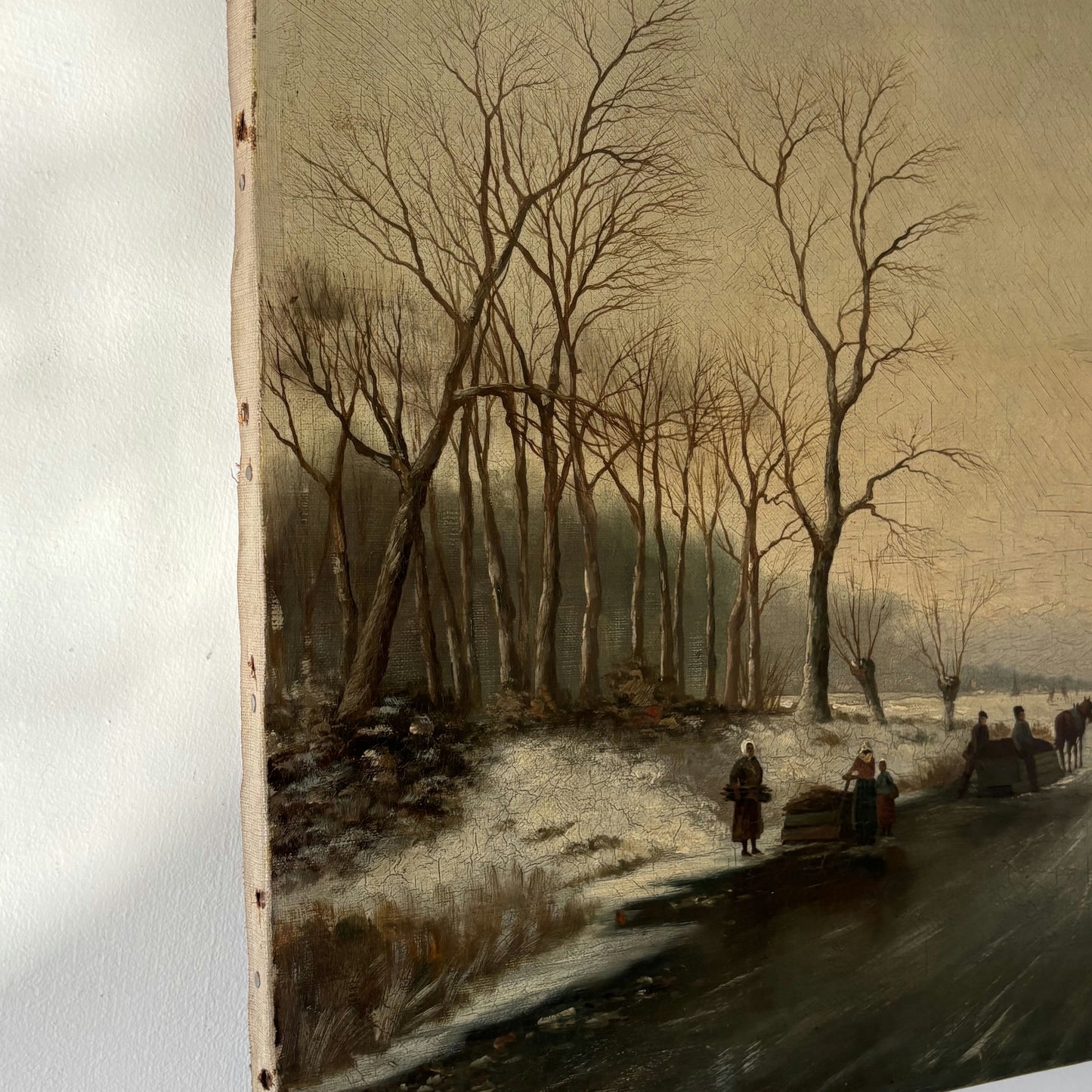 Fine Winter Landscape Oil Painting "Frozen River Scene" Remarkable Medium Art