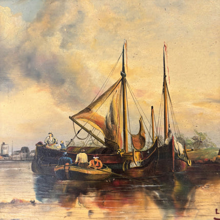 19th Century Antique Harbor Scene Oil Painting "Moored Boat" Small Artwork Holland Art Shop