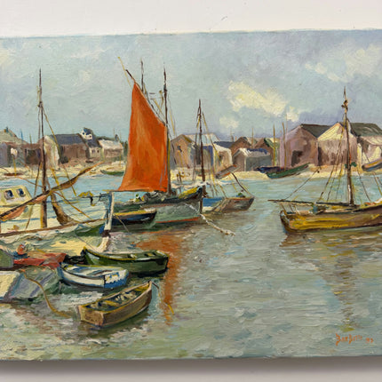 Original Harbor Scene Oil Painting "Orange Signature" Traditional Art Holland Art Shop