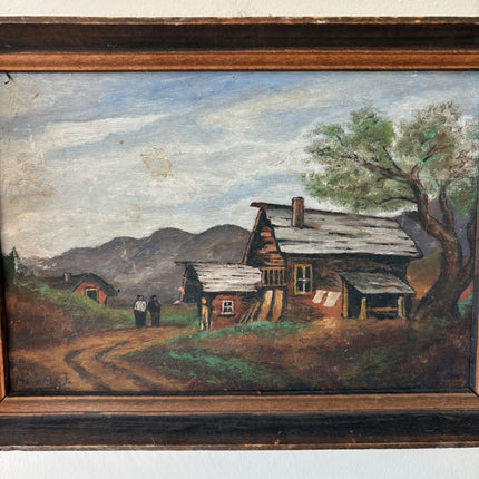 Vintage Interior Oil Painting "Log Cabin" Authentic Small Art Holland Art Shop