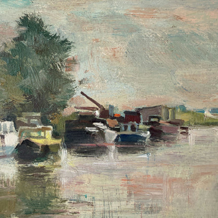Remarkable Oil Painting Harbor Scene "River Boats" Striking Belgique Artwork Holland Art Shop