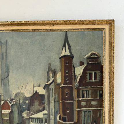 Handcrafted Oil Painting Cityscape "Snowy Street Corner" Remarkable Small Art Holland Art Shop