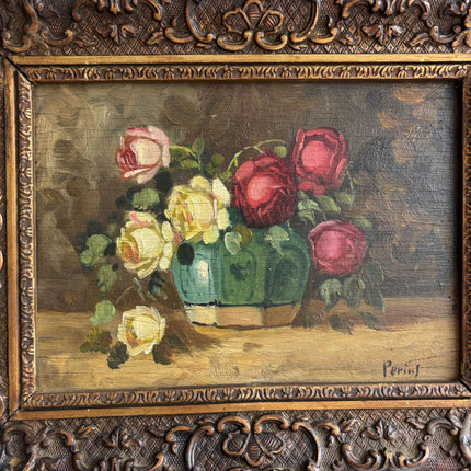 Antique Floral Still Life Oil Painting "Rose Vase" Handcrafted Small Artwork Holland Art Shop