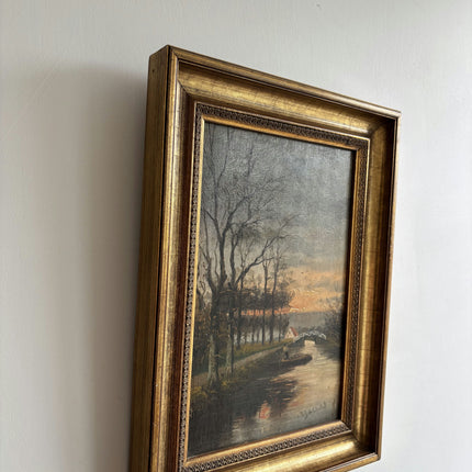 19th Century Antique Landscape Oil Painting "River Boat" Dutch Artwork Holland Art Shop