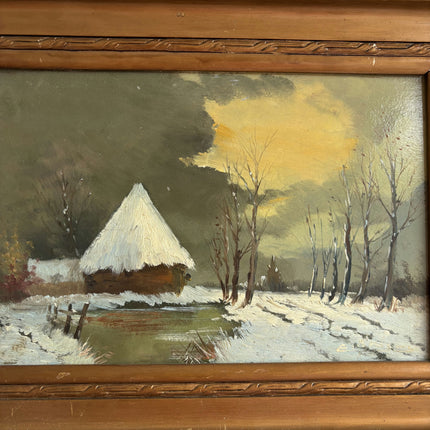 Original Winter Landscape Oil Painting "Snowy Cottage" Vintage Small Artwork Holland Art Shop